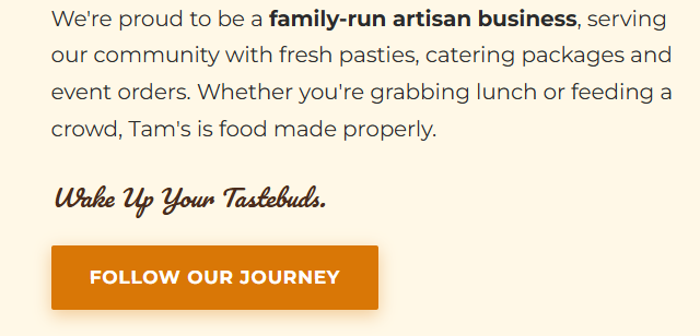 Tam's Pasties about section — family-run artisan business