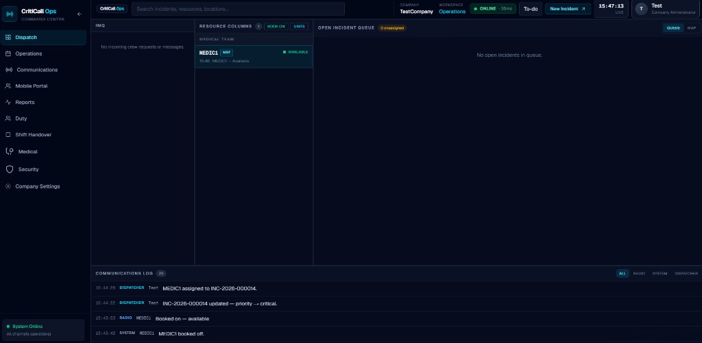 CritiCall Ops CAD dispatch console ? resource columns, incident queue, and live communications log with MEDIC1 available