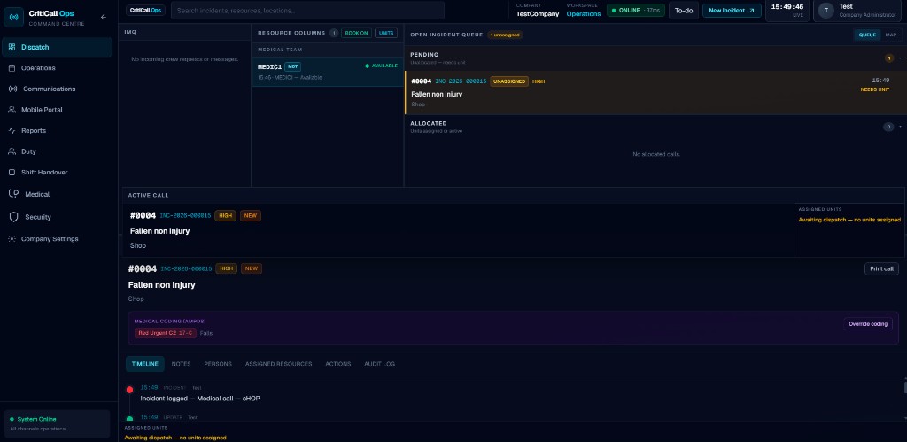 CritiCall Ops dispatch console with open incident queue ? call #0004, AMPDS medical coding, and timeline for a fall at a shop