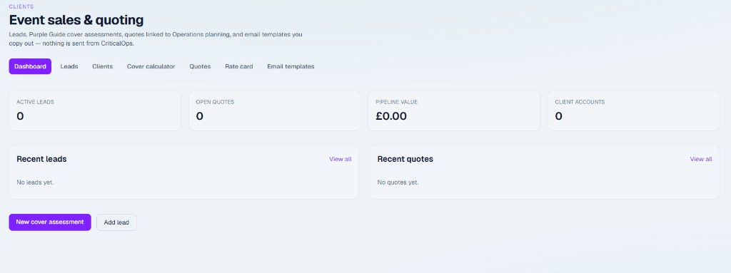 CritiCall Ops event sales and quoting dashboard &mdash; leads, quotes, pipeline, and client accounts