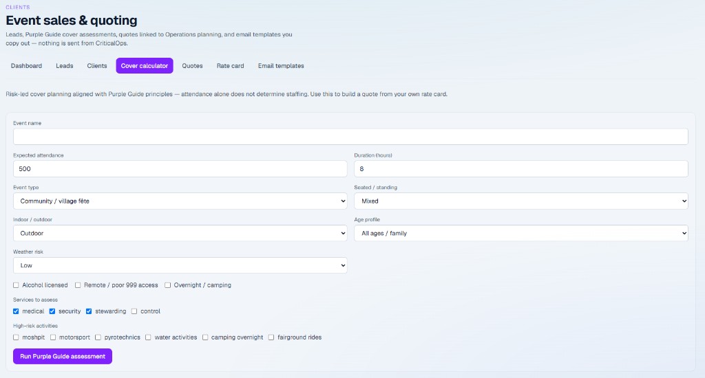 CritiCall Ops Purple Guide cover calculator &mdash; risk-led staffing assessment for event medical and security quotes
