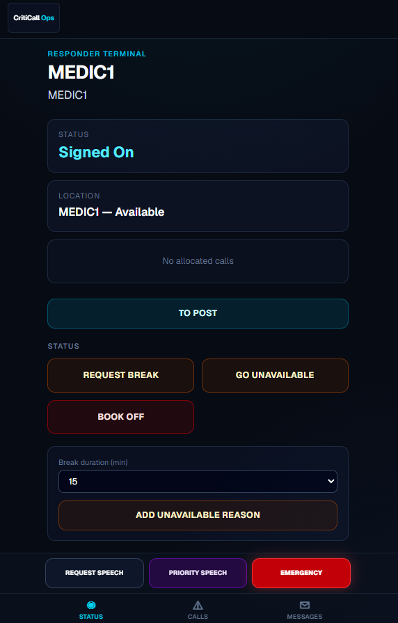 CritiCall Ops MDT responder terminal ? MEDIC1 signed on with status controls, speech request buttons, and break management