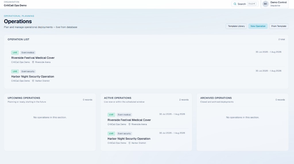 CritiCall Ops Operations module &mdash; live festival and security deployments before dispatch opens
