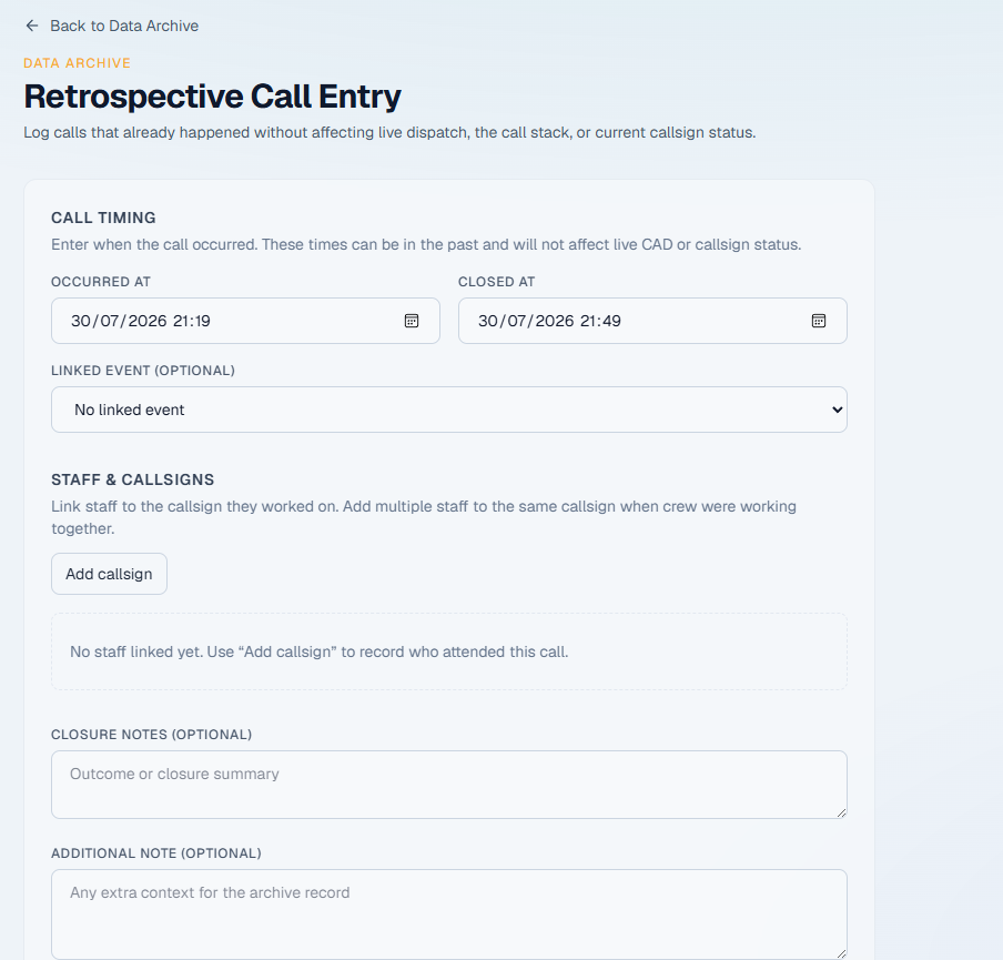 CritiCall Ops retrospective call entry &mdash; log past incidents to the data archive without affecting live dispatch